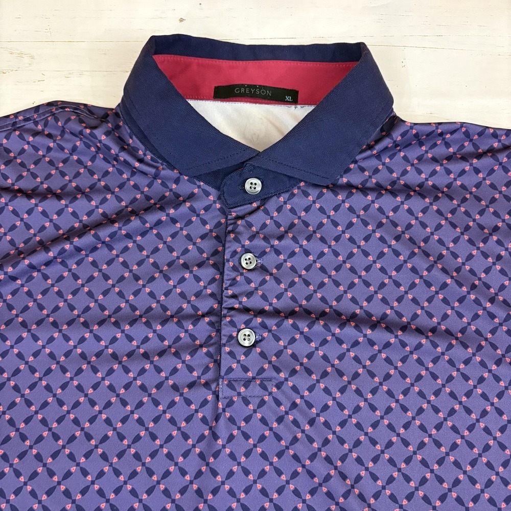 Greyson Polo Shirt Mens XL Purple Geometric Golf Performance Short Sleeve Peru - Picture 2 of 6